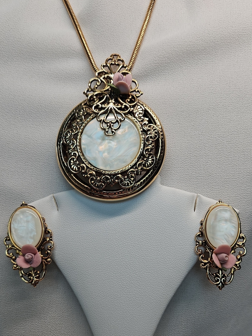 Victorian Revival Gold Tone Pink Rose, Mother-of-Pearl, Filigree Set